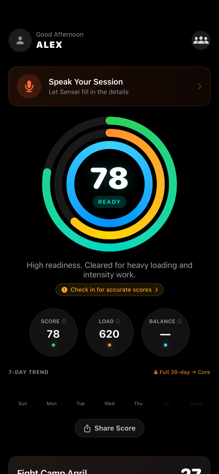 Versus Training iPhone home screen: a readiness ring reading 78, READY, with score, load and balance tiles below.