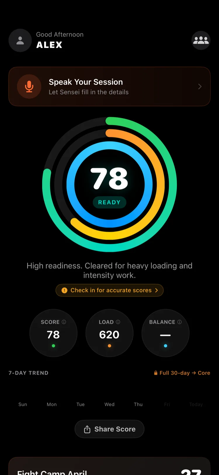 Versus Training iPhone home screen: a readiness ring reading 78, READY, with score, load and balance tiles below.