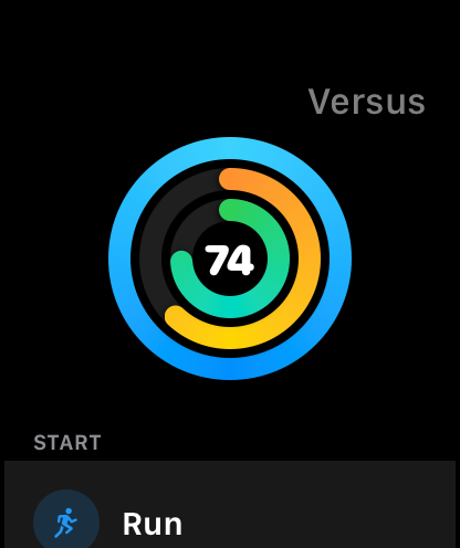 Versus Training Apple Watch face showing a readiness ring reading 74 and a Run quick-start row.